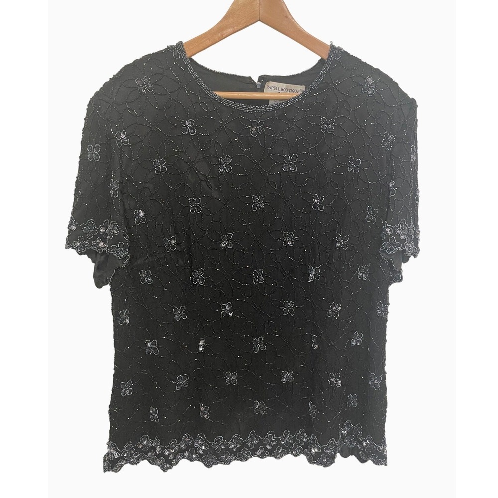 Vintage Evening Top 1X Papell Boutique Black Beaded Sequin Plus Size